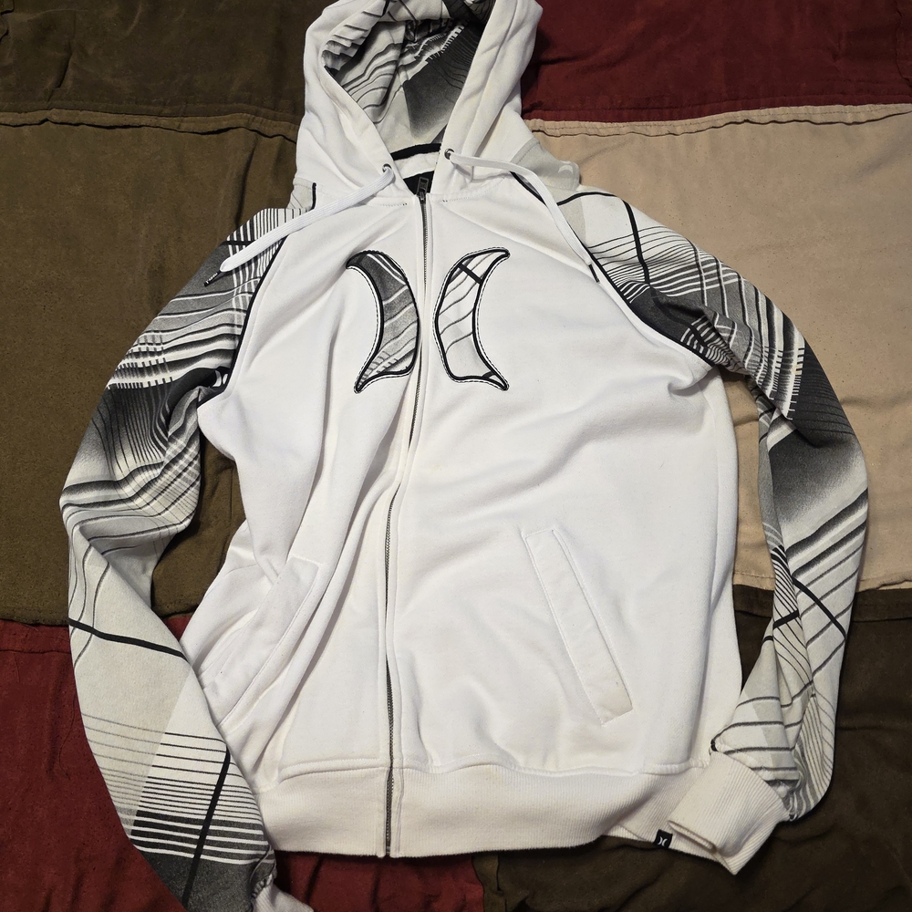 Hurley White and Gray Zip Up Sweater